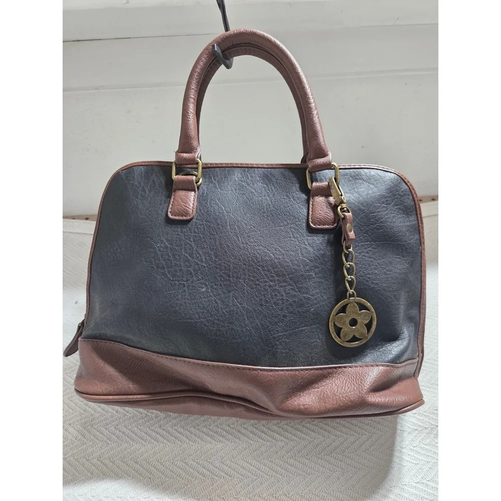 Black Brown Two Tone Dome Satchel Handbag Flower Charm Double Handle Purse
